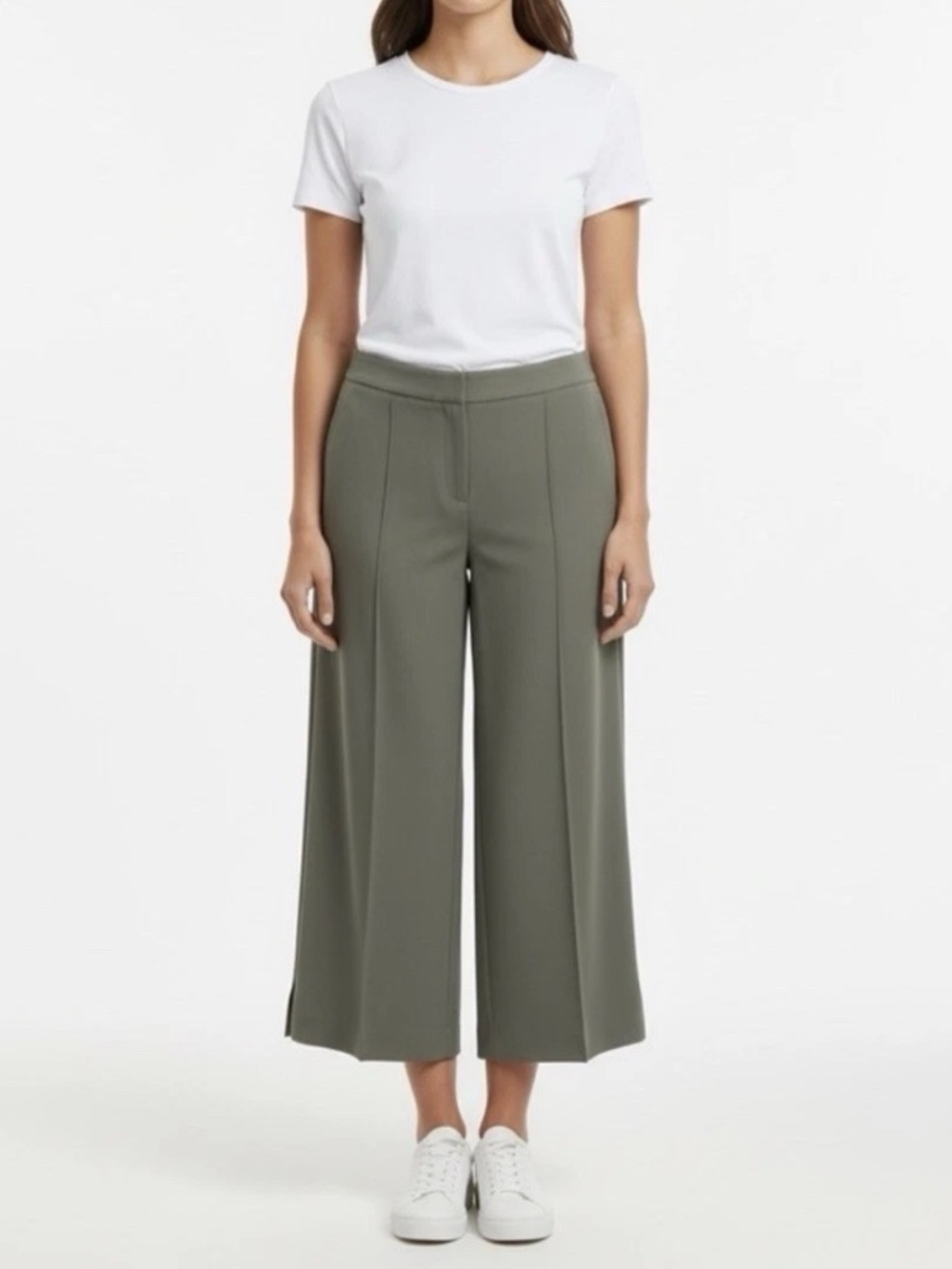 Ann Taylor High Rise Wide Leg Drapey Side Slit Crop Dress Pants Olive Size 14P